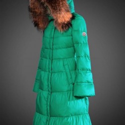 Women Moncler Long Down Coats With Raccoon Fur Collar Green