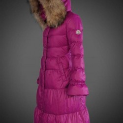 Women Moncler Long Down Coats With Raccoon Fur Collar Purple Red