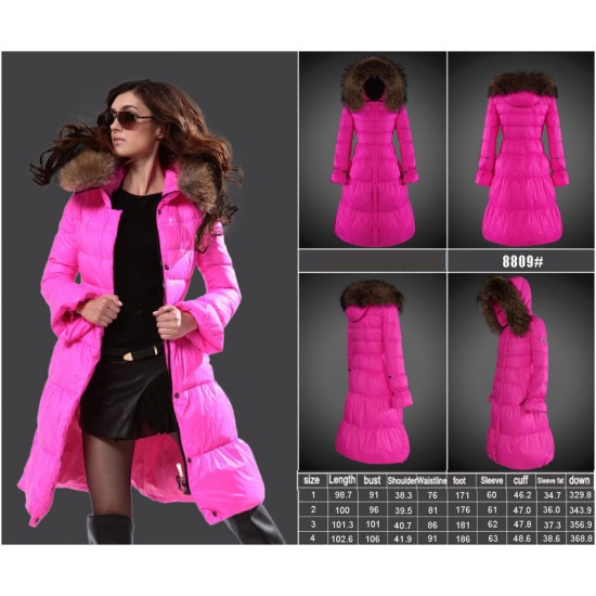 Women Moncler Long Down Coats With Raccoon Fur Collar Rose Red