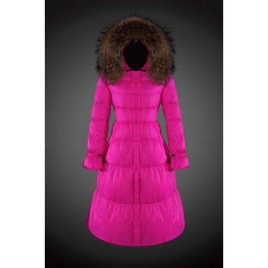 Women Moncler Long Down Coats With Raccoon Fur Collar Rose Red