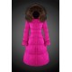 Women Moncler Long Down Coats With Raccoon Fur Collar Rose Red