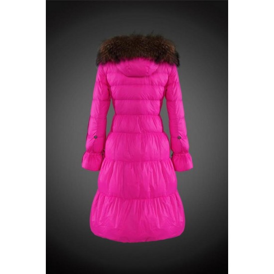 Women Moncler Long Down Coats With Raccoon Fur Collar Rose Red