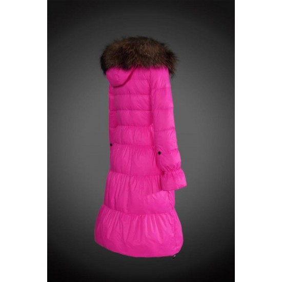 Women Moncler Long Down Coats With Raccoon Fur Collar Rose Red