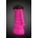 Women Moncler Long Down Coats With Raccoon Fur Collar Rose Red