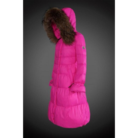 Women Moncler Long Down Coats With Raccoon Fur Collar Rose Red