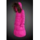 Women Moncler Long Down Coats With Raccoon Fur Collar Rose Red