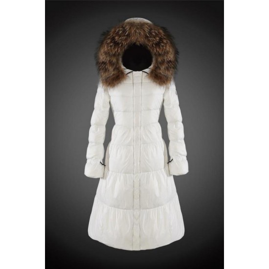 Women Moncler Long Down Coats With Raccoon Fur Collar White