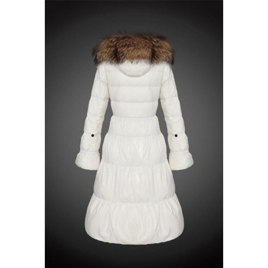 Women Moncler Long Down Coats With Raccoon Fur Collar White