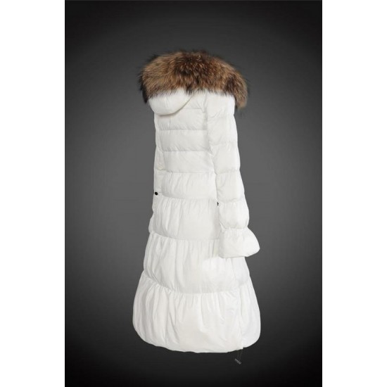 Women Moncler Long Down Coats With Raccoon Fur Collar White