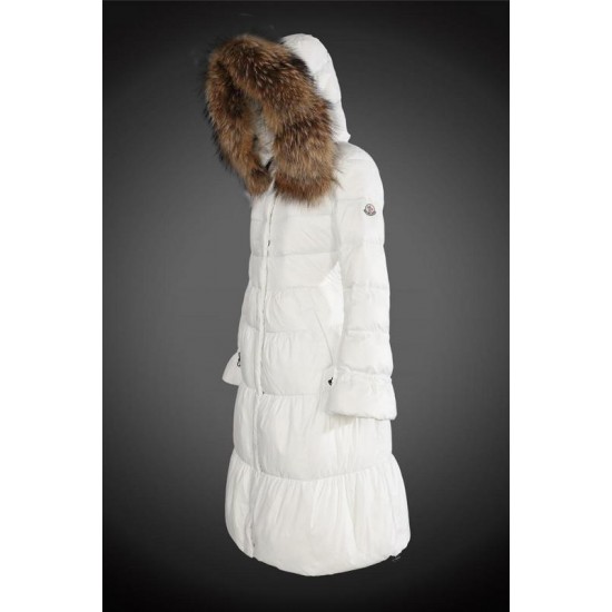 Women Moncler Long Down Coats With Raccoon Fur Collar White