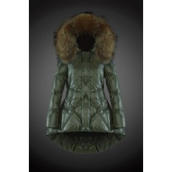 Women Moncler Down Coat With Raccoon Fur Collar Army Green