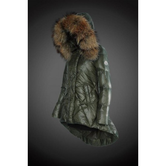 Women Moncler Down Coat With Raccoon Fur Collar Army Green