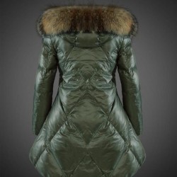 Women Moncler Down Coat With Raccoon Fur Collar Army Green