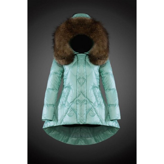 Women Moncler Down Coat With Raccoon Fur Collar Green