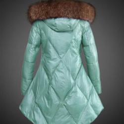 Women Moncler Down Coat With Raccoon Fur Collar Green