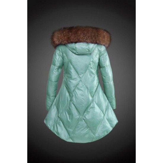 Women Moncler Down Coat With Raccoon Fur Collar Green