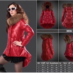 Women Moncler Down Coat With Raccoon Fur Collar Red