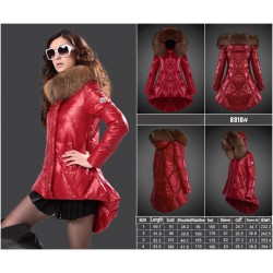 Women Moncler Down Coat With Raccoon Fur Collar Red