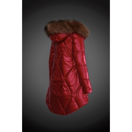 Women Moncler Down Coat With Raccoon Fur Collar Red