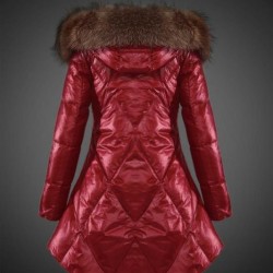 Women Moncler Down Coat With Raccoon Fur Collar Red