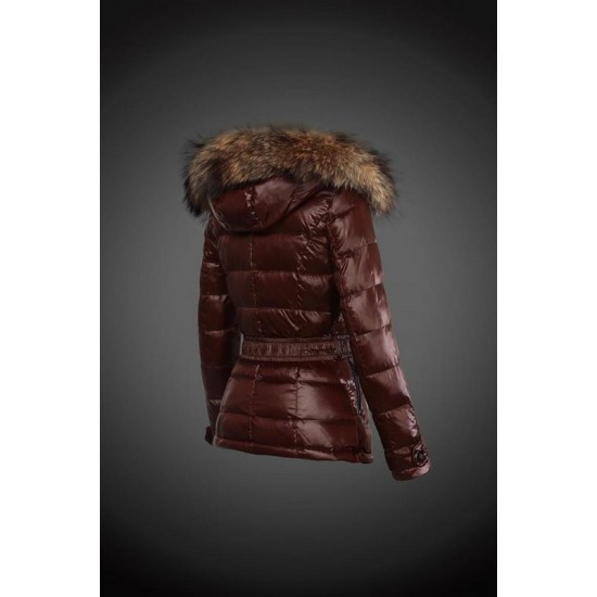 Women Moncler Down Jacket With Raccoon Fur Collar Brown