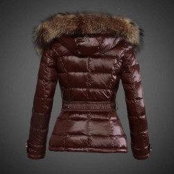 Women Moncler Down Jacket With Raccoon Fur Collar Brown