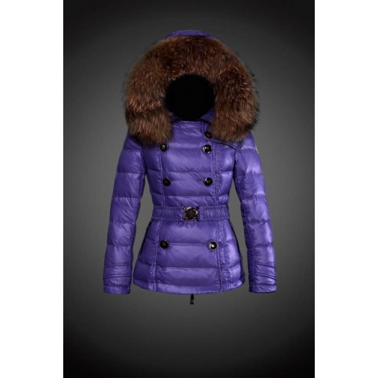 Women Moncler Down Jacket With Raccoon Fur Collar Purple