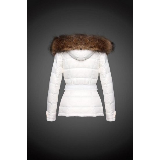 Women Moncler Down Jacket With Raccoon Fur Collar White