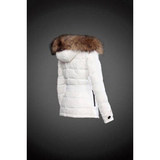 Women Moncler Down Jacket With Raccoon Fur Collar White