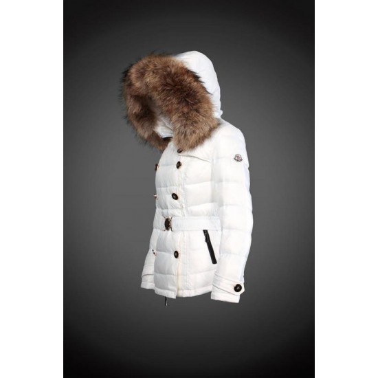 Women Moncler Down Jacket With Raccoon Fur Collar White