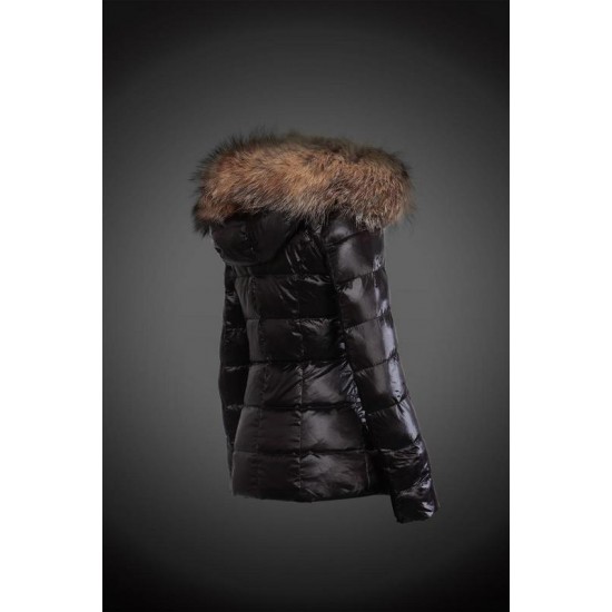 Women Moncler Down Jacket With Raccoon Fur Collar Black