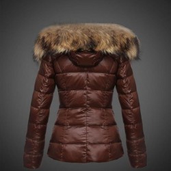 Women Moncler Down Jacket With Raccoon Fur Collar Brown