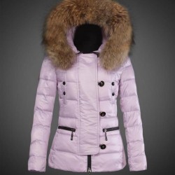 Women Moncler Down Jacket With Raccoon Fur Collar Pink
