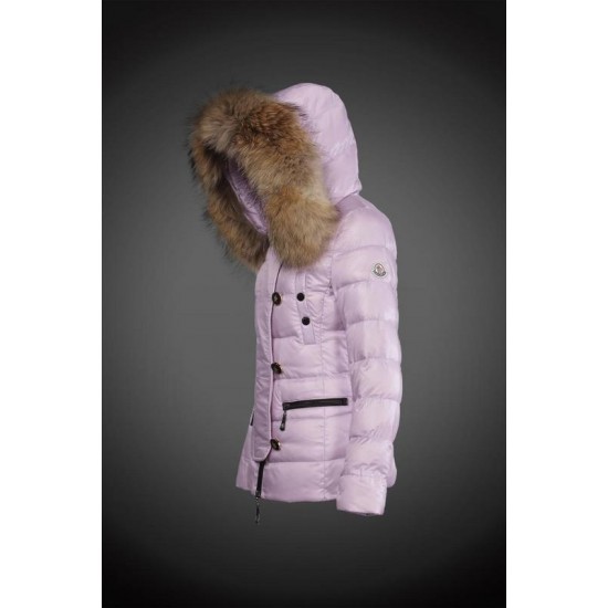 Women Moncler Down Jacket With Raccoon Fur Collar Pink