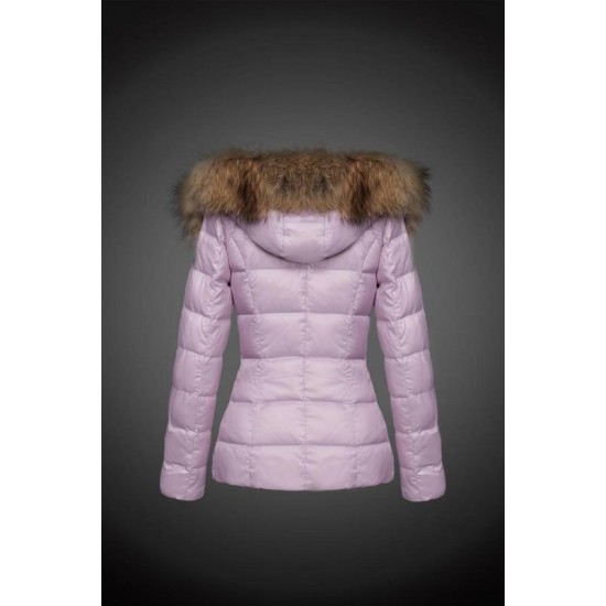 Women Moncler Down Jacket With Raccoon Fur Collar Pink