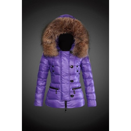 Women Moncler Down Jacket With Raccoon Fur Collar Pruple