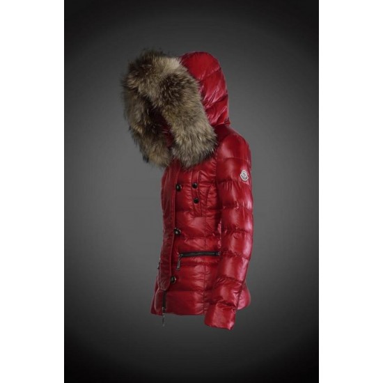 Women Moncler Down Jacket With Raccoon Fur Collar Red