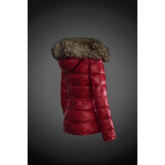 Women Moncler Down Jacket With Raccoon Fur Collar Red