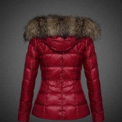 Women Moncler Down Jacket With Raccoon Fur Collar Red