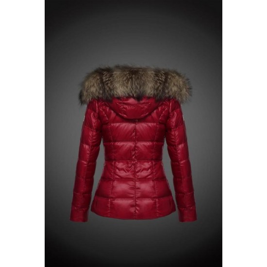 Women Moncler Down Jacket With Raccoon Fur Collar Red