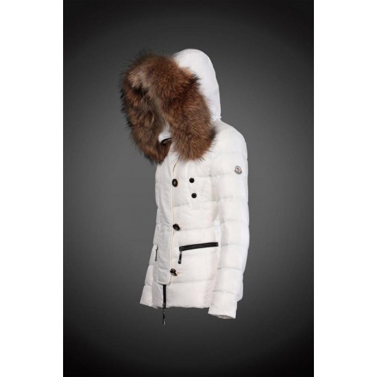 Women Moncler Down Jacket With Raccoon Fur Collar White