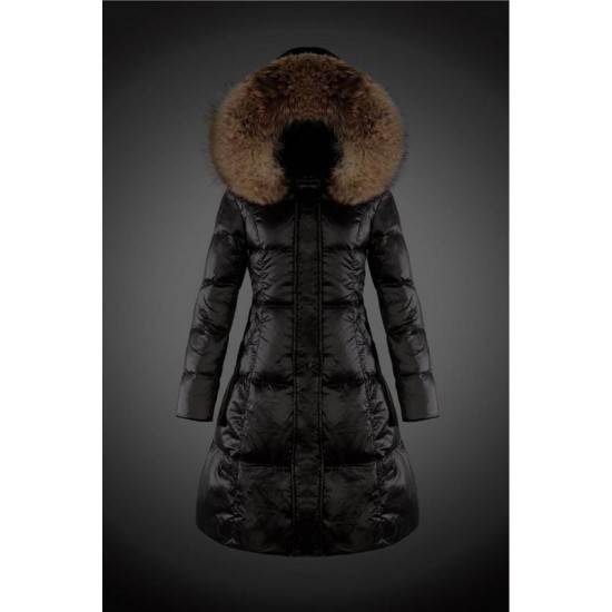 Women Moncler Long Down Coats With Raccoon Fur Collar Black