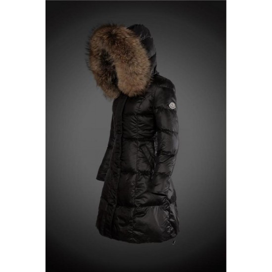 Women Moncler Long Down Coats With Raccoon Fur Collar Black