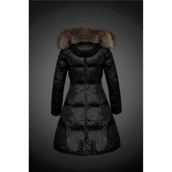 Women Moncler Long Down Coats With Raccoon Fur Collar Black