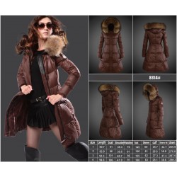 Women Moncler Long Down Coats With Raccoon Fur Collar Brown