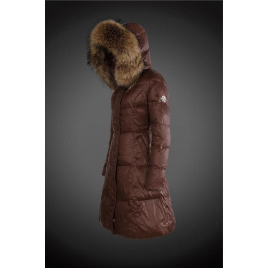 Women Moncler Long Down Coats With Raccoon Fur Collar Brown