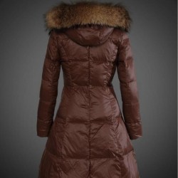 Women Moncler Long Down Coats With Raccoon Fur Collar Brown