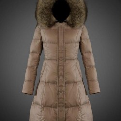 Women Moncler Long Down Coats With Raccoon Fur Collar Light Tan