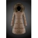 Women Moncler Long Down Coats With Raccoon Fur Collar Light Tan