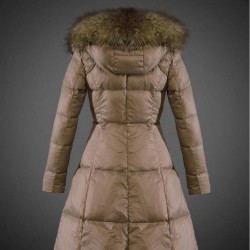 Women Moncler Long Down Coats With Raccoon Fur Collar Light Tan